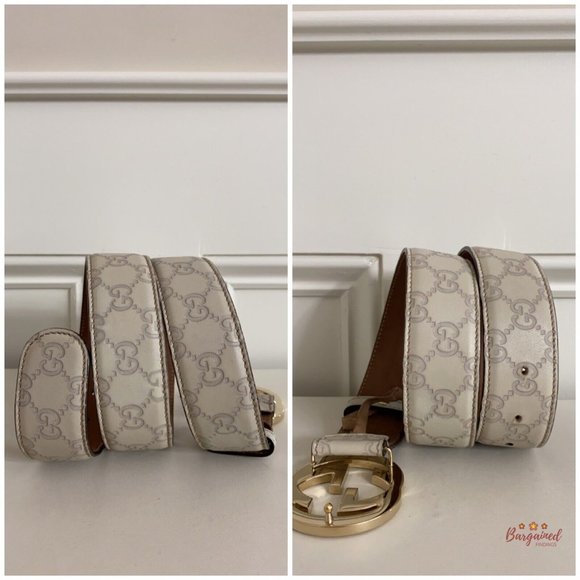 Authentic Gucci Cream Guccissima Leather Gold Interlocking G Buckle Belt 85/34 - Picture 8 of 13